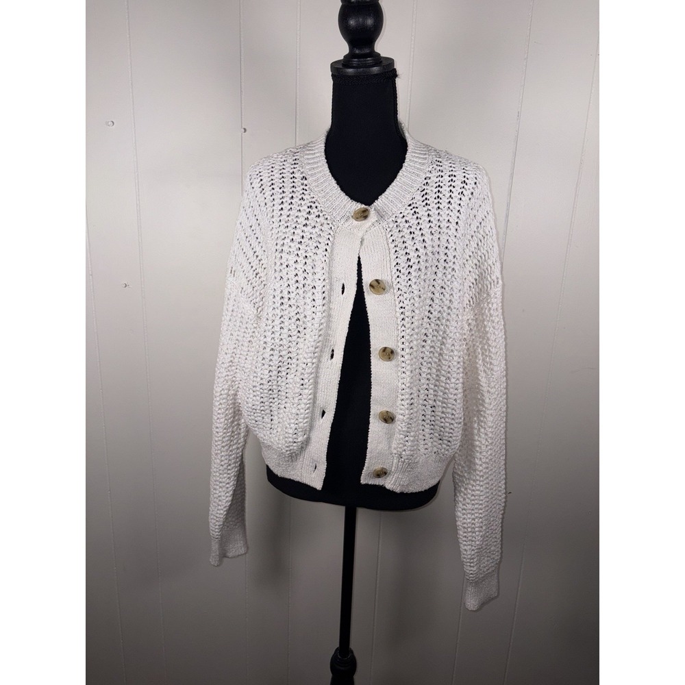 J Crew Sweater Womens XL White Cropped Cardigan Textured Pointelle‎ Coastal Chic
